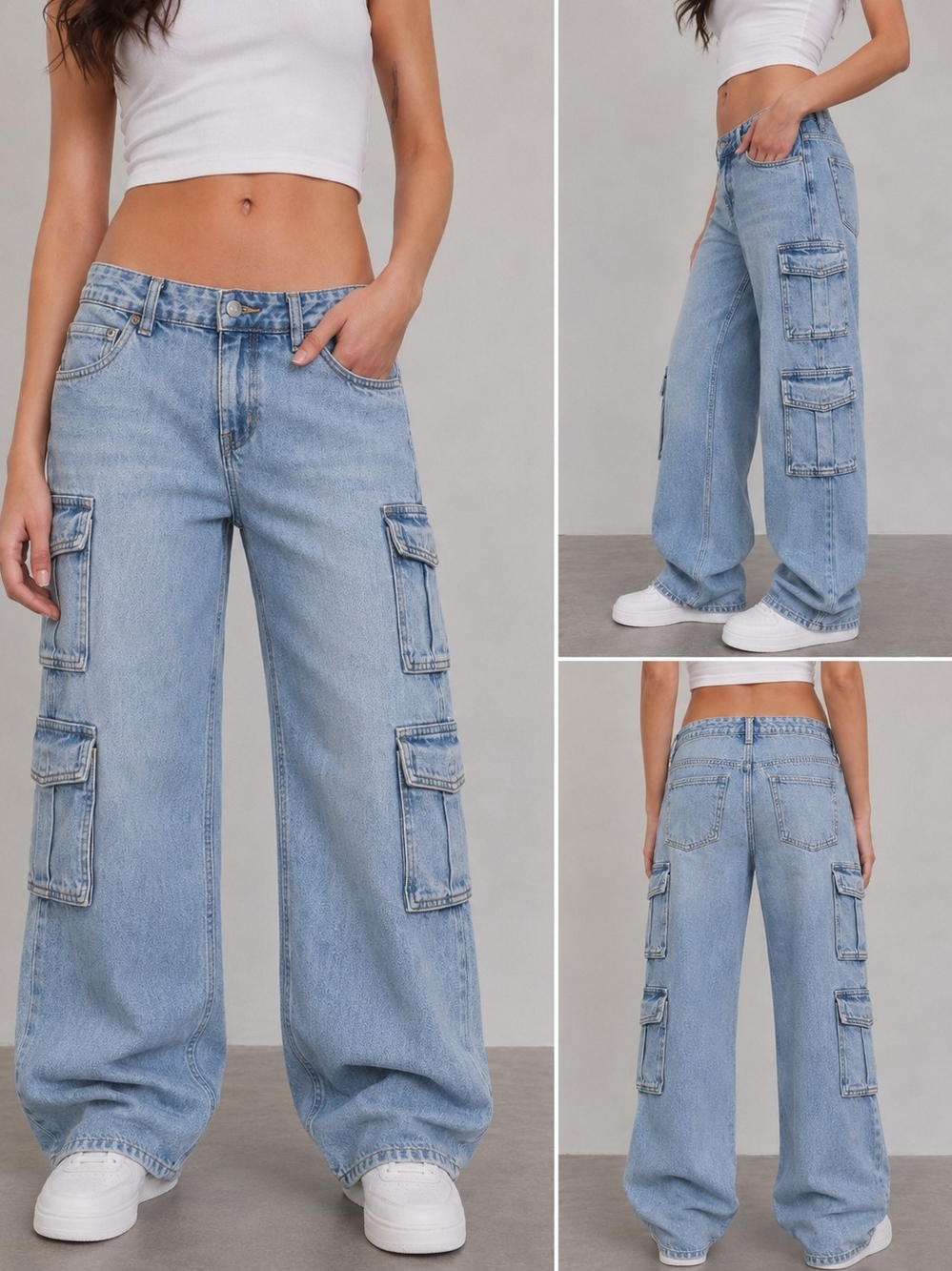Aeropostale Low Rise Cargo Jeans M Light Wash Y2K Wide Leg Multi Pocket